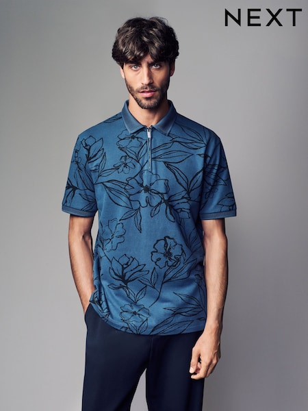 Blue/Black Floral Pattern Quarter Zip Polo Shirt (B41553) | 69 QAR