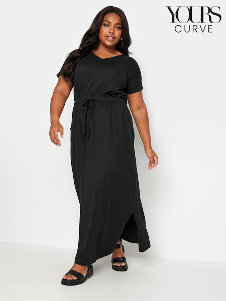 Negru - Yours Curve 100% Cotton Side Split Drawstring Rochie lungă (B41621) | 216 LEI