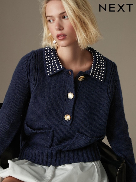 Navy Blue Gem Embellished Collar Jumper (B41635) | € 35
