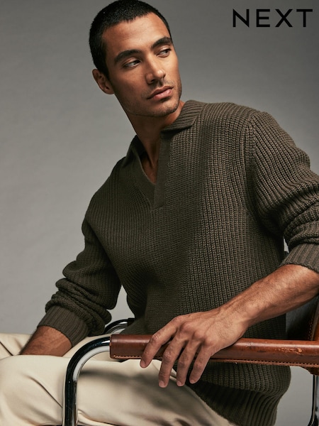 Khaki Green Polo Neck Regular Fit Rib Texture Jumper with Wool (B41715) | €21.50