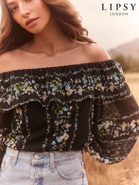Lipsy Black Chiffon Dobby Printed Bardot Top (B41741) | €17