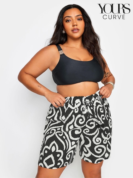 Yours Curve Black Abstract Print Crinkle Tassel Shorts (B41796) | $38