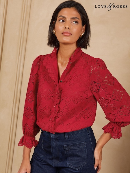 Red - Love & Roses Lace Ruffle Front 3/4 Sleeve Blouse