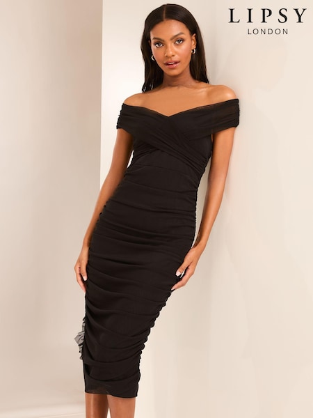 Lipsy Black Ruched Bodycon Bardot Midi Dress (B41878) | 226 QAR