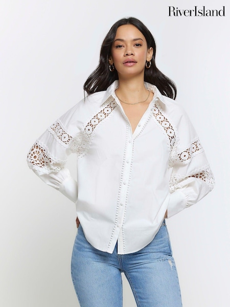 River Island White Crochet 100% Cotton Blouse (B41929) | €27
