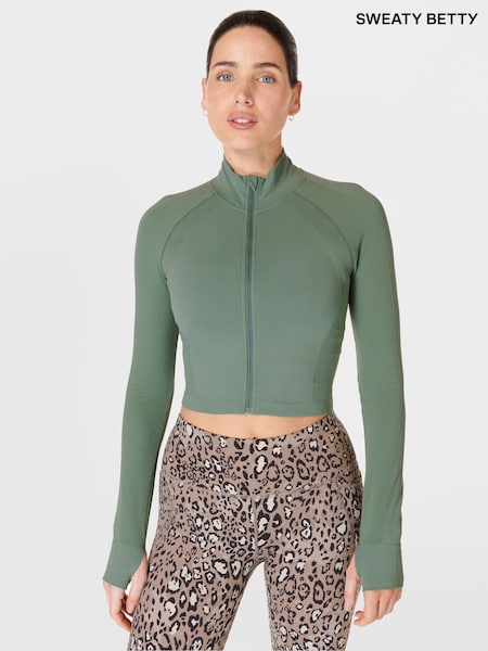 Sweaty Betty Cool Forest Green Athlete Crop Seamless Workout Zip-Up Sweatshirt (B42010) | €47.50