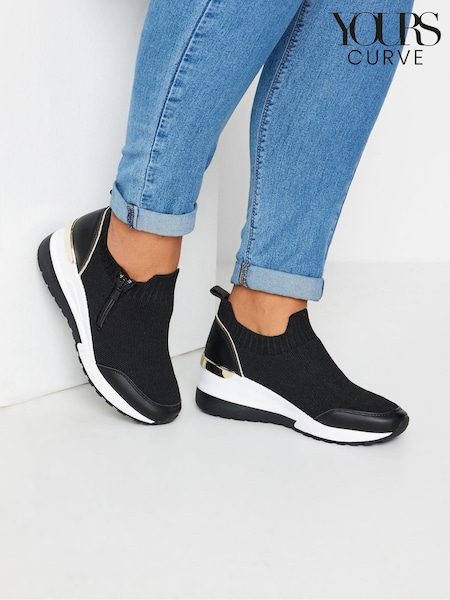 Yours Curve Black Meic Trim Platform Trainers In Wide E Fit (B42069) | ₪196