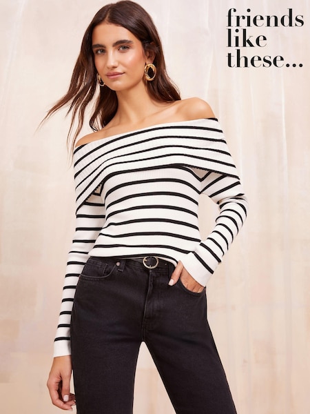 Friends Like These Cream Stripe Off The Shoulder Rib Jumper (B42173) | €21