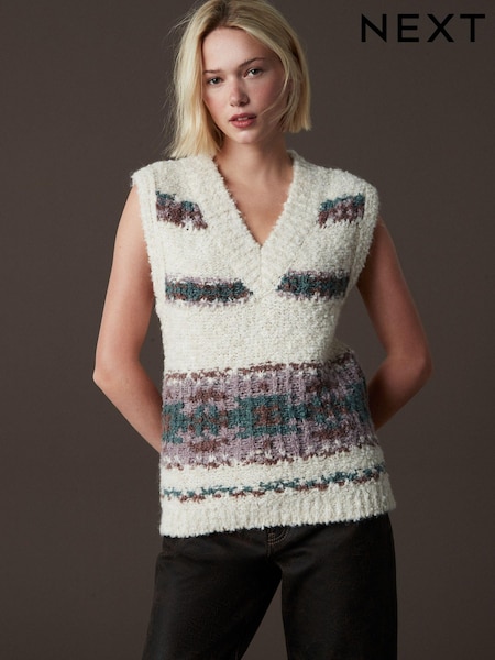 White Stripe Boucle V-Neck Knitted Tank Vest (B42203) | €20.50