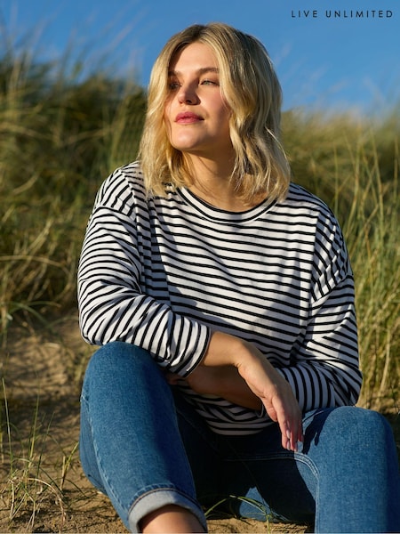 Live Unlimited Black/White 100% Cotton Curve Stripe Jersey Relaxed Top (B42235) | €28