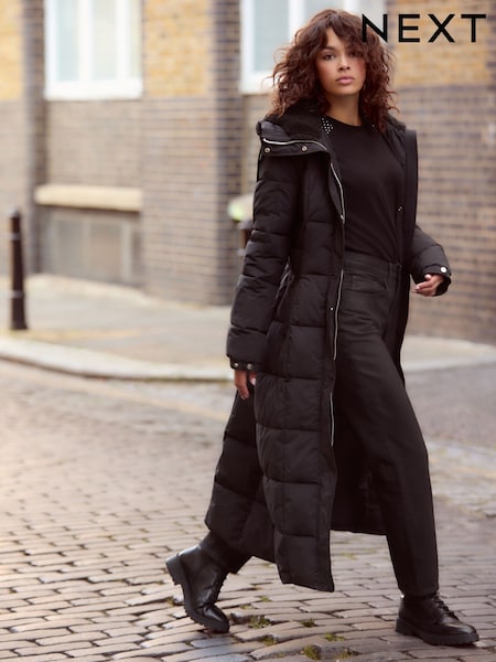 שחור - Longline Waisted Shower Resistant Hooded Padded Coat (B42465) | ‏327‏₪