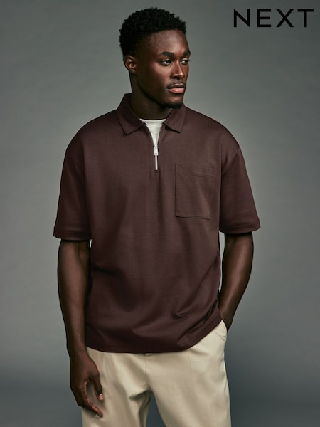 بني - Heavyweight Quarter Zip Polo Shirt (B42588) | ‏52 د.إ.‏