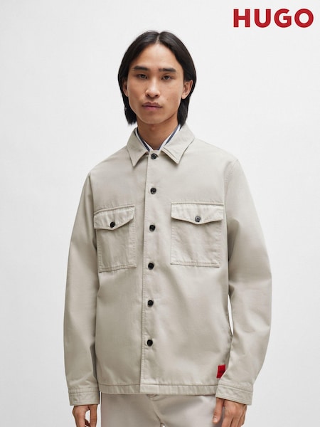 HUGO Grey Oversized-Fit Overshirt in Cotton Twill With Camp Collar (B42629) | €79