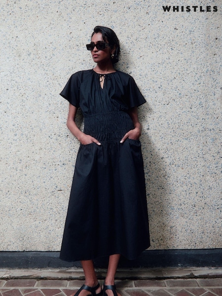 Whistles Poplin Shirred Black Dress (B42676) | €67