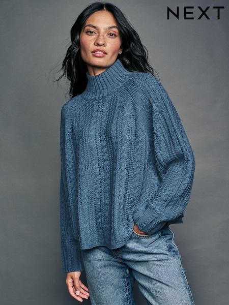 Blue Chambray Cable Knitted Poncho Jumper with Wool (B42685) | €29