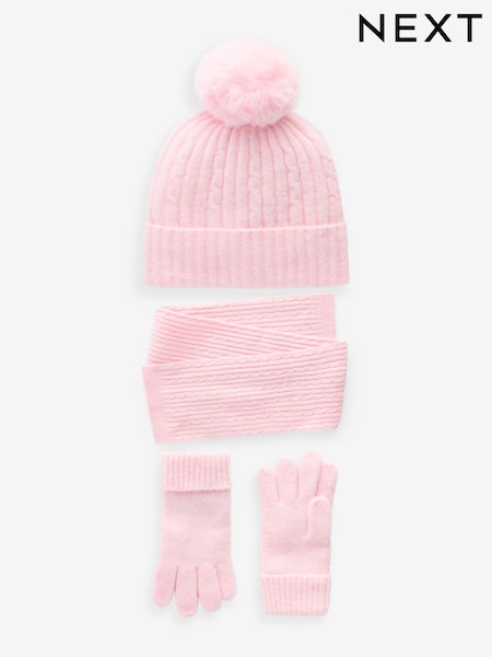Pink Cable Cable Hat, Gloves and Scarf Set (3-16yrs) (B42805) | €24 - €28
