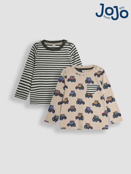 Stone Tractor Print & Stripe - JoJo Maman Bébé Long Sleeve 2-Pack Tops (B42865) | 35 €