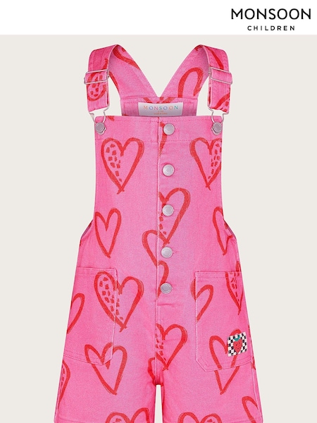 Monsoon Pink Heart Print Denim Dungarees (B42874) | €16 - €19