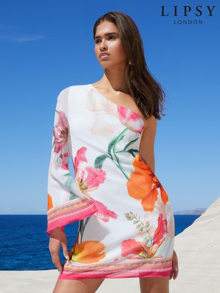 Lipsy White Floral One Sleeve Mini Shift Dress (B42938) | €35