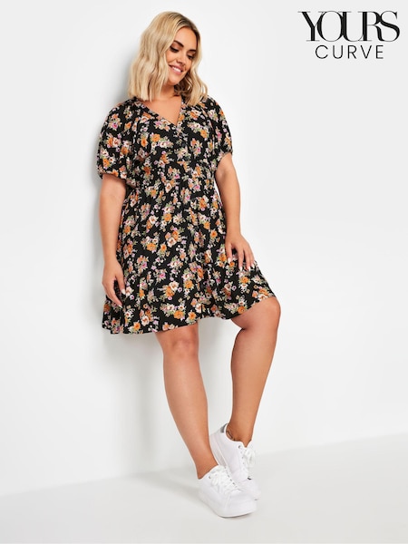 Portocaliu - Yours Curve Floral Imprimeu Cu nasturi Rochie (B42967) | 253 LEI