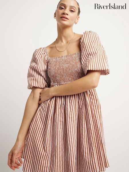 River Island 100% Cotton Stripe Puff Sleeve Smock Mini Dress (B42986) | 27 €