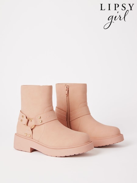 Lipsy Pink Heart Buckle Biker Faux Leather Flat Ankle Boot (B43030) | €47 - €53