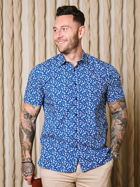 Raging Bull Blue Short Sleeve Flower Bud Poplin Shirt (B43116) | AED71 - AED82
