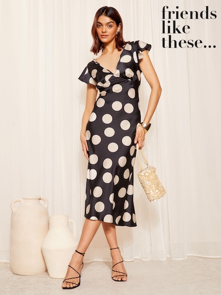 Friends Like These Satin Ruffle Sleeve Bias Cut Midi Dress (B43126) | €29