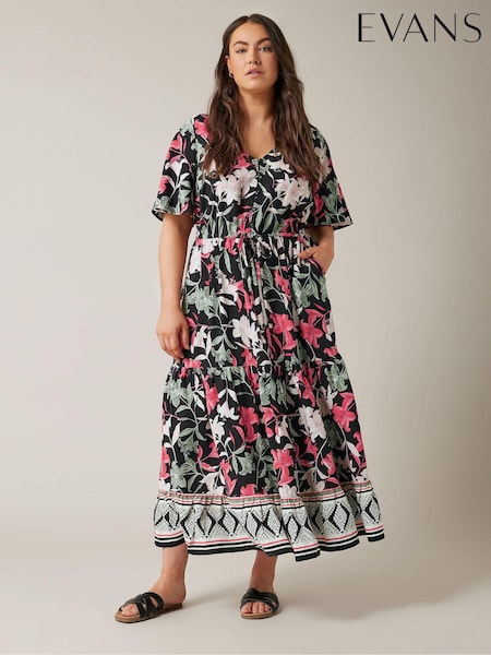 Evans Curve Black Floral Design Border Print Midi Dress (B43210) | 208 LEI