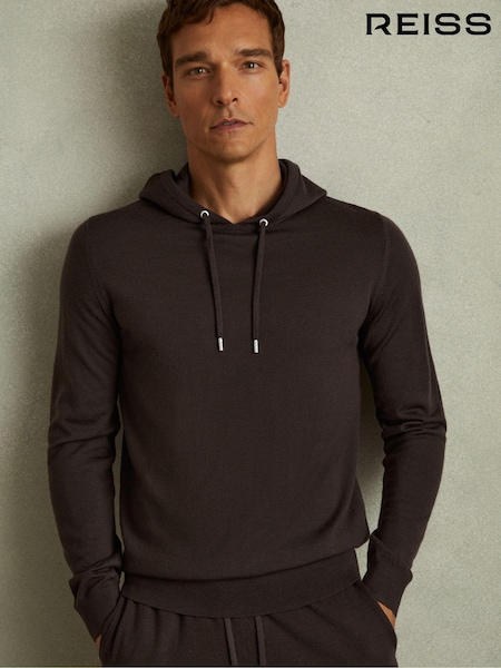 Reiss Coco Brown Holland Merino Wool Drawstring Hoodie (B43222) | 720 QAR