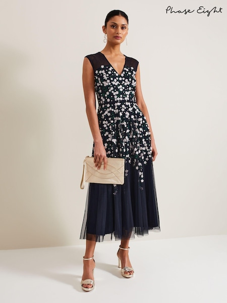 Phase Eight Blue Ellen Blossom Beaded Midi Dress (B43346) | €179