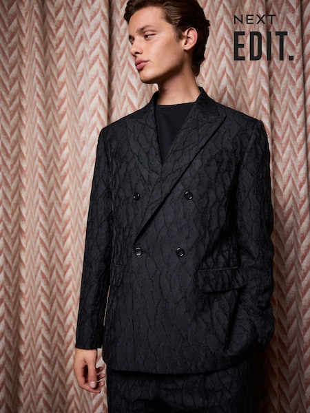 Black Edit Textured Double Breasted Suit Jacket (B43459) | 208 QAR