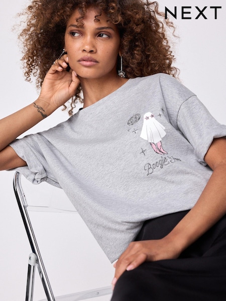 Grey Halloween Boogie Fever Ghost Disco Ball Novelty Graphic Slogan T-Shirt (B43462) | €10