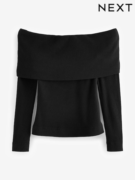 Black Ribbed Long Sleeve Bardot Top (B43470) | AED54