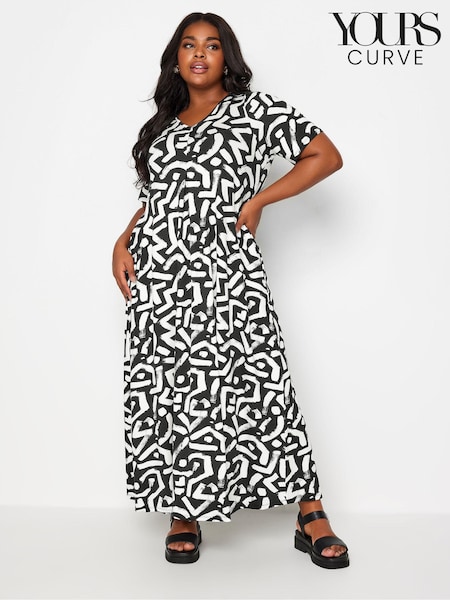 Yours Curve Black & White Abstract Print Pleated Maxi Dress (B43473) | 168 QAR