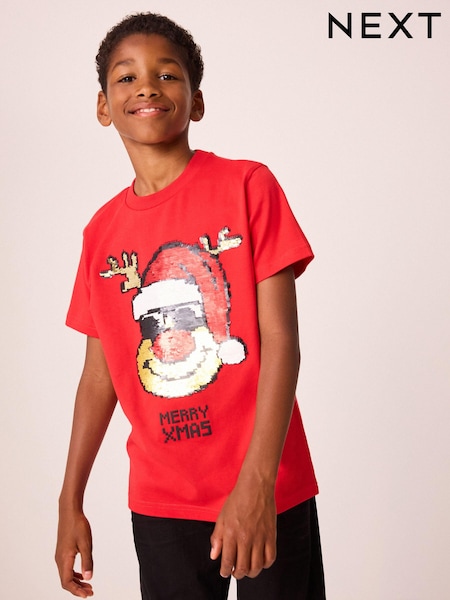 Red Rudolph Sequin Short Sleeve Christmas 100% Cotton T-Shirt (3-16yrs) (B43516) | AED35 - AED46