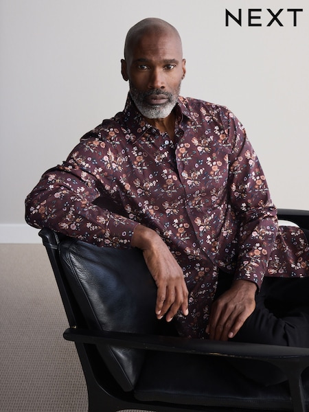 Fig Purple Floral Slim Fit Signature Single Cuff 100% Cotton Formal Shirt (B43525) | €11