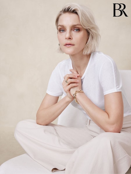 Valkoinen - Banana Republic Sheer Ribbed Pyöreä kaula-aukko T-paita (B43565) | €47