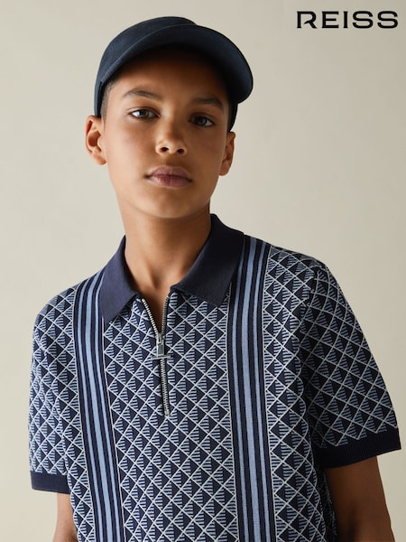 Navy/Airforce Blue - Reiss Sanderson Diamond Stitch Half-Zip Polo Shirt (B43700) | 60 €