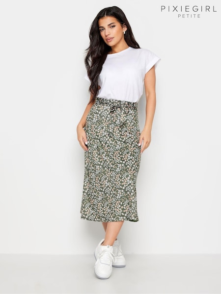 PixieGirl Petite Green Blue Ditsy Floral Print Midi Skirt (B43703) | AED157