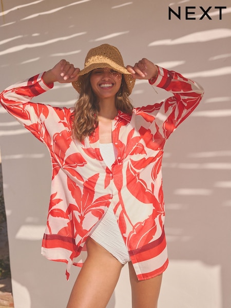 Red/White 100% Cotton Beach Shirt Cover-Up (B43787) | €17