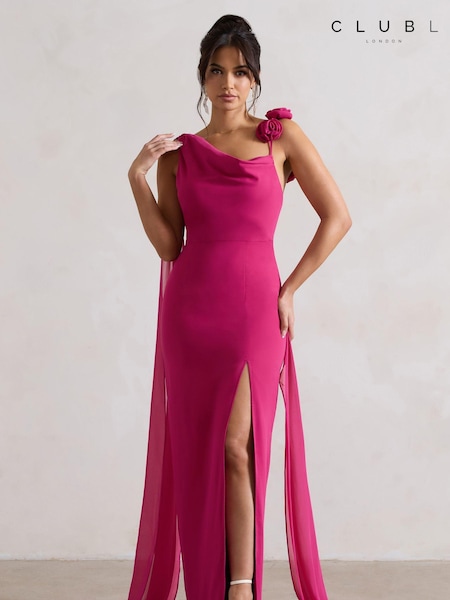 Club L London Fuchsia Pink Angeline Chiffon Draped Split Maxi Dress With Corsages (B43876) | €77
