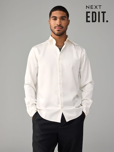 Ivory White Regular Fit EDIT Satin Long Sleeve Shirt (B43914) | 69 QAR