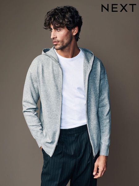 Grey Regular Fit Knit Zip Up Hoodie with Wool (B43977) | AED105