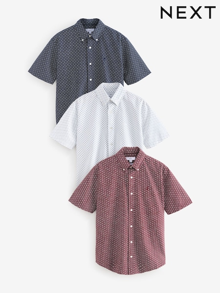 Burgundy/Navy Blue/White Short Sleeve Printed 100% Cotton Oxford Shirts 3 Pack (B44036) | €33