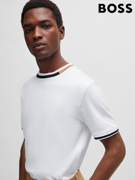 Alb - Tricou din bumbac mercerizat 100% cu Dungă Signature BOSS (B44059) | 413 LEI