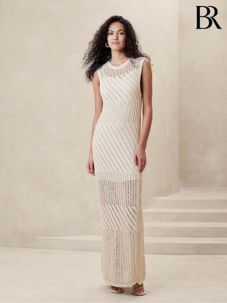 Banana Republic White Cotton-Blend Open-Stitch Maxi Dress (B44089) | €116