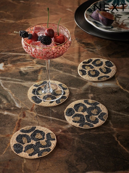 Set of 4 Natural Leopard Print Beaded 100% Cotton Coasters (B44143) | €18