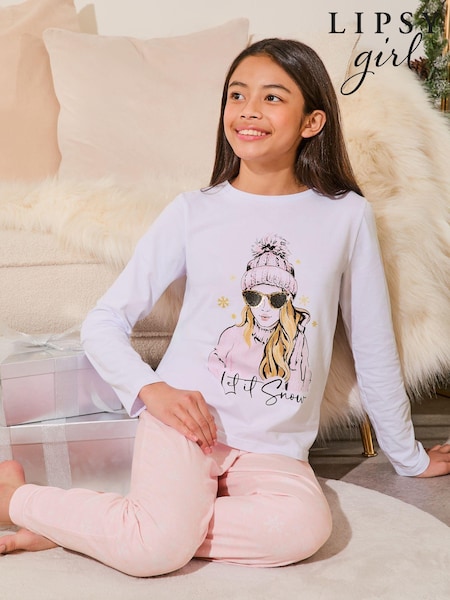 Lipsy White/Pink Christmas Jersey Pyjamas Trousers Set (From 3-16yrs) (B44207) | €20 - €28