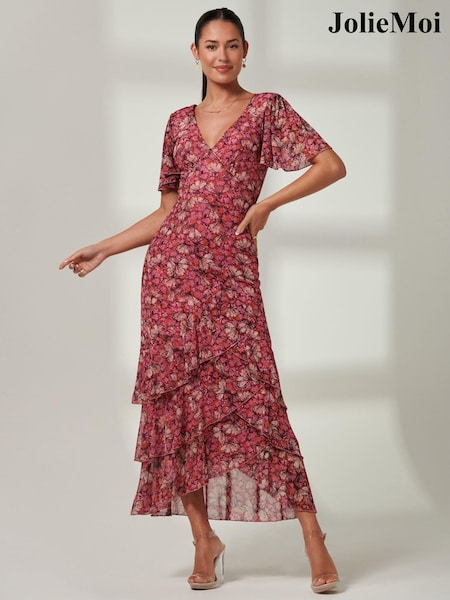 Roșu - Rochie maxi cu tiv cu volane la tiv și plasă Jolie Moi Daleysa (B44217) | 663 LEI